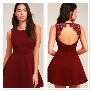 Need You Close Wine Red Lace Backless Skater Dress